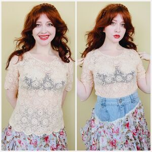 1990s Vintage Cream Crochet Top / 90s Sheer Bohemian Stretch Floral Large